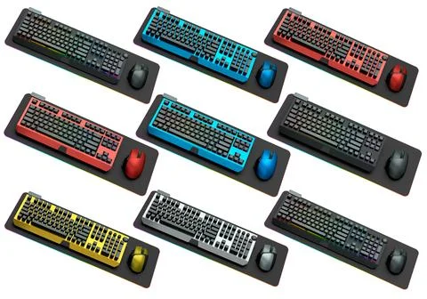Collection of mechanical keyboards and mouse isolated on white background w.. Stock Illustration