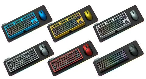 Collection of mechanical keyboards and mouse isolated on white background w.. Stock Illustration
