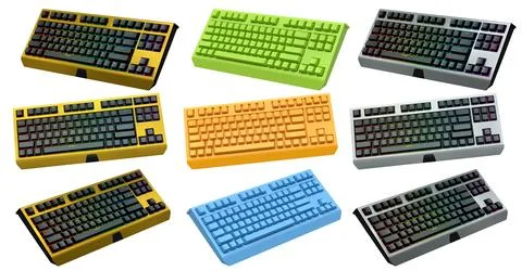 Collection of mechanical keyboards isolated on white background with clippi.. Illustrazione stock