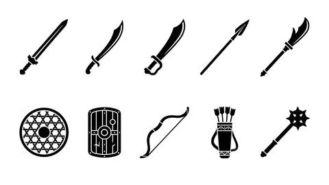 Collection of medieval weaponry and protective shields for historical game .. Stock Illustration