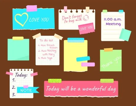 Collection of memo note papers with adhesive tape Stock Illustration
