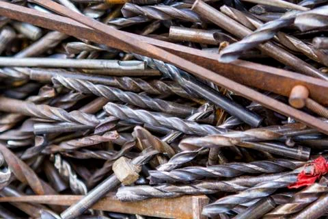 A collection of metal machine drill bits Stock Photos