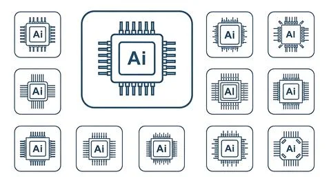 Collection of microchip processor icons, representing central processing units Ilustración de archivo
