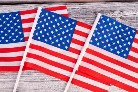 Collection of mini flags of USA close up. Stock Photos