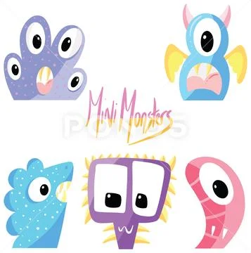 Collection of Mini Monster Fictional Imaginary Characters Stock Illustration
