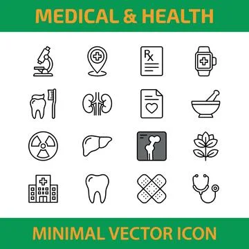 Collection of minimal vector icons representing medical and health symbols .. Stock Illustration
