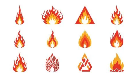 Collection of minimalist fire flame vector logos and abstract heat symbols. Stock Illustration