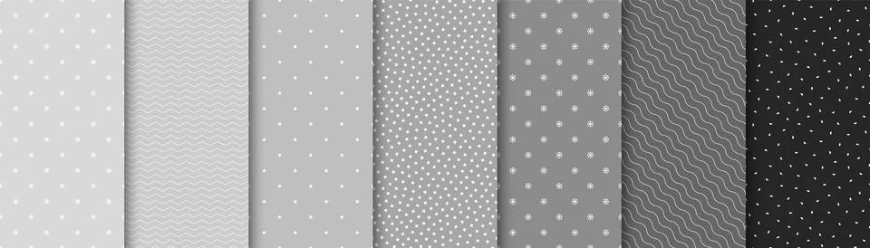 Collection of minimalistic seamless geometric patterns with shapes and symbols Stock Illustration