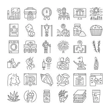 Collection of miscellaneous line icons representing various concepts Stock Illustration