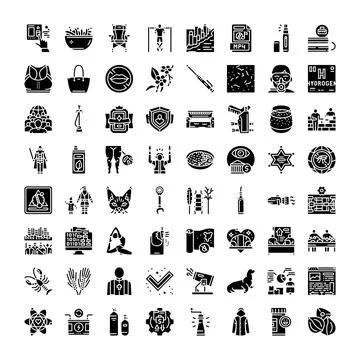 Collection of miscellaneous objects activities and concepts glyphs Stock Illustration