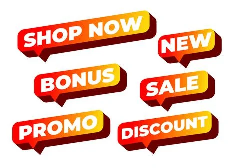 Collection of modern 3D gradient speech bubble promo tags including shop no.. Stock Illustration
