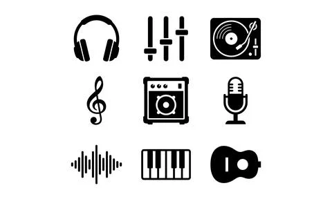 A collection of modern black musical instruments and audio icons Stock Illustration