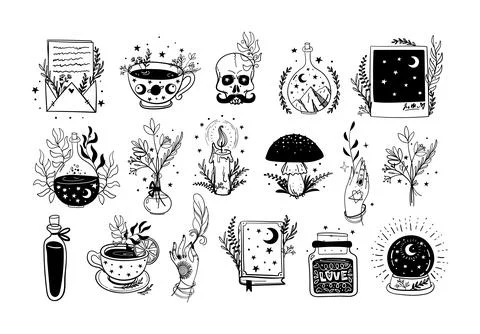Collection of modern boho tattoos for witch, amulets. Vintage stickers with r Stock Illustration
