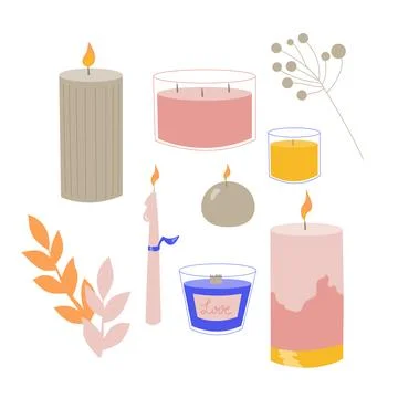 Collection of modern candles, different types of candles for home decor. Ho.. Stock Illustration