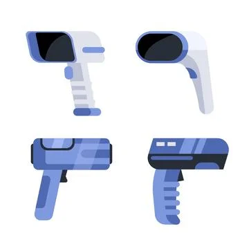 Collection of modern electronic devices scanning barcodes using laser beams in a Иллюстрация