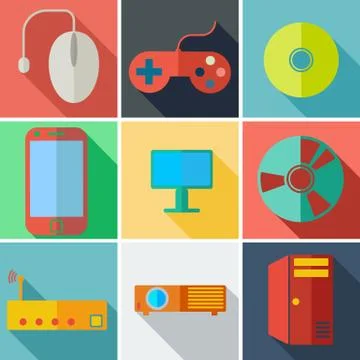 Collection modern flat icons computer mobile technology with long shadow effe 스톡 일러스트