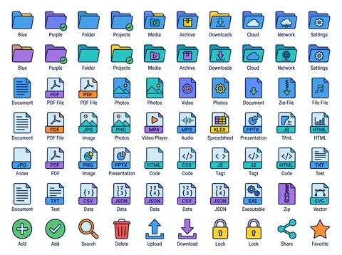 Collection of modern flat icons for digital files, folders, and actions lik.. Stock Illustration