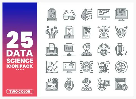 Collection of modern flat icons representing data science concepts and tech.. Illustrazione stock