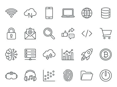 Collection of modern flat line icons representing technology, digital servi.. Stock Illustration