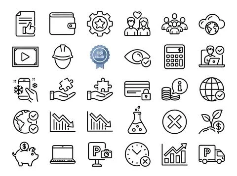 Collection of modern flat line icons representing business, finance, techno.. Stock Illustration