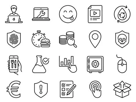 Collection of modern flat line icons representing technology, finance, secu.. Stock Illustration