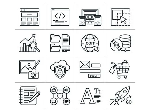 Collection of modern flat line icons representing web development, digital .. Stock Illustration