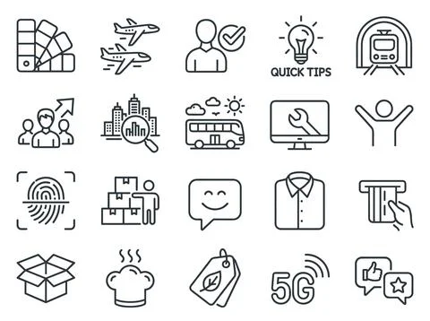 Collection of modern flat line icons representing business, technology, tra.. Stock Illustration