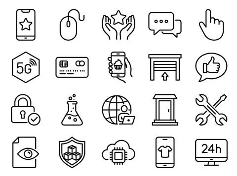 Collection of modern flat line icons representing technology, business, and.. Stock Illustration