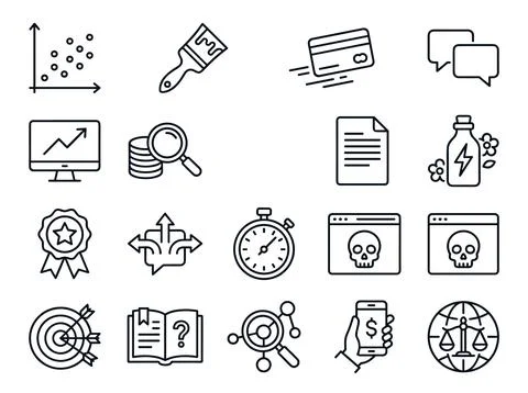Collection of modern flat line icons representing business, finance, techno.. Ilustración de archivo