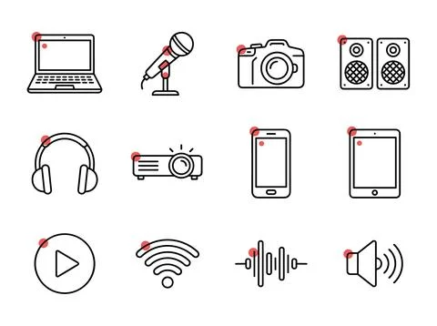 Collection of modern flat line icons representing digital technology, audio.. Stock Illustration