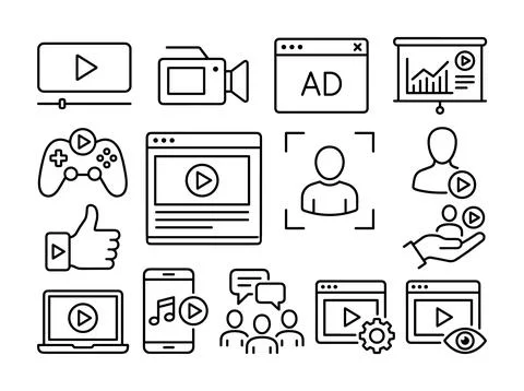 Collection of modern flat line icons for video content creation, social med.. Stock Illustration