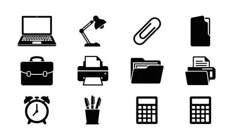 A collection of modern office workspace and business icons Stock Illustration