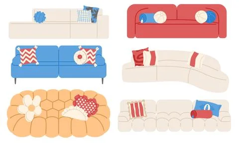 Collection of modern sofas with cushions. Set of flat illustrations. Stock-Illustration