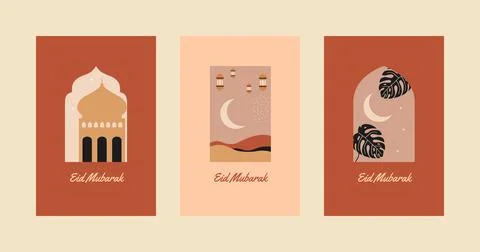 Collection of modern style Eid Mubarak greeting cards with retro boho desig.. 스톡 일러스트