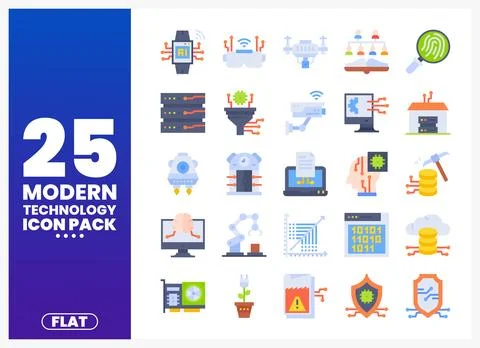 A collection of modern technology icons in flat design on a white background. Stock Illustration