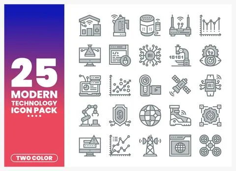 A collection of modern technology icons presented on a white background wit.. Ilustração Stock