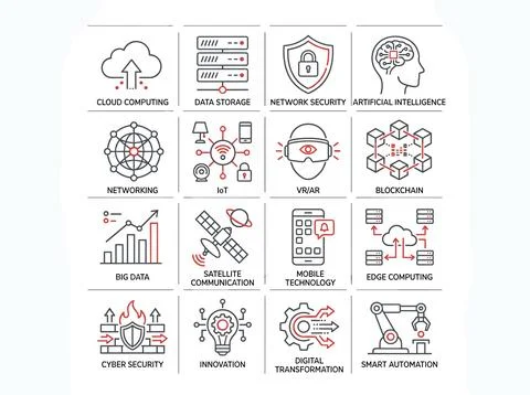 Collection of modern technology icons representing cloud computing, data st.. Stock Illustration
