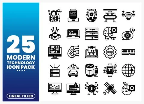 A collection of modern technology lineal filled icons presented on a blue g.. Stock Illustration