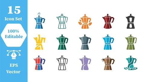 Collection of moka pot coffee maker icons in various styles with espresso Stock Illustration