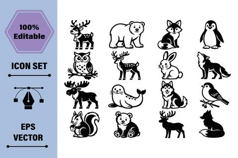 Collection of monochrome vector icons featuring various forest and arctic w.. Иллюстрация