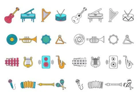 Collection of musical instruments and audio equipment icons Stock Illustration