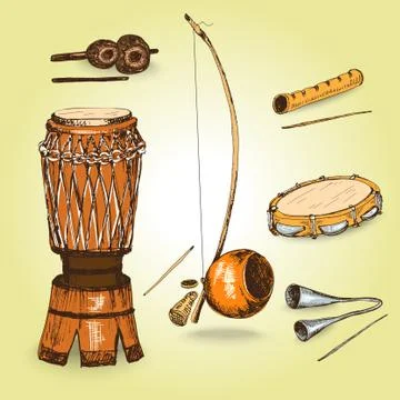 Collection of musical instruments of capoeira. Stock Illustration