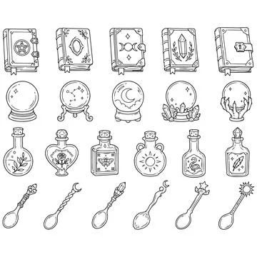 Collection of Mystical Esoteric Objects for Rituals and Magic Practices Lin.. Illustrazione stock