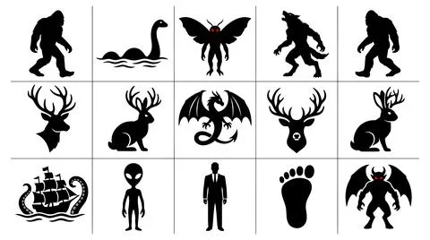 Collection of mythical creature silhouettes and mysterious folklore icons set Stock Illustration