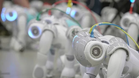 Collection Of Nao Robots Being Charged On The Floor. Close Up Stock Footage 130092397