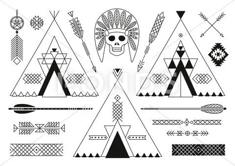 Collection of Native American tribal stylized elements for design. Stock Illustration