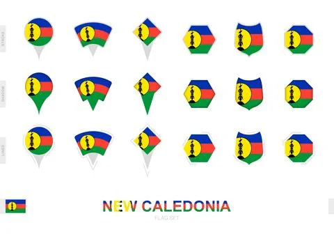 Collection of the New Caledonia flag in different shapes and with three dif.. Stock Illustration