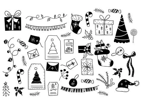 Collection New Year decor, boxes and gifts, Christmas sock and caramel stick, Stock Illustration