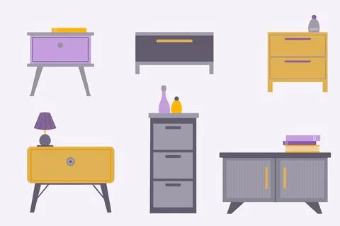 Collection of nightstand - vector in modern design, bedside wooden commode. S Stock Illustration