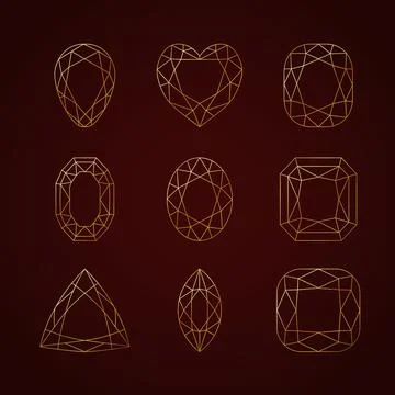 Collection of nine beautiful linear gemstones in gold color on a dark backg.. Stock Illustration